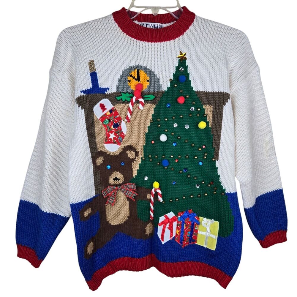 Vintage Bravo Christmas Tree Teddy Bear Bead Rhinestone Crew Neck Sweater Sz M
